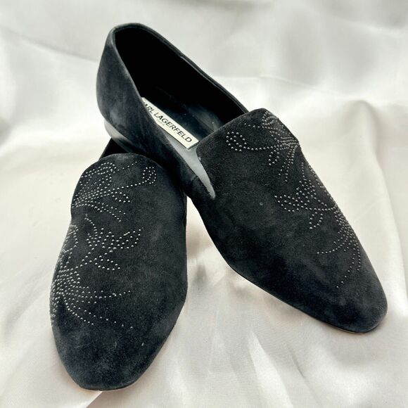 Karl Lagerfeld Nova Floral Studded Black Suede Womens Size 10 Slip On Loafers - Picture 15 of 16